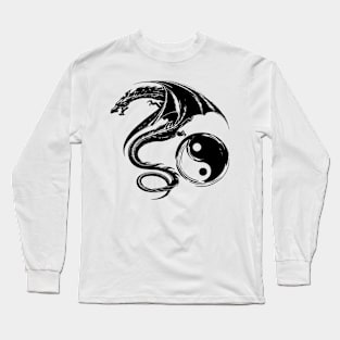 Yin And Yang Big Black Flying Dragon On White Background Design Long Sleeve T-Shirt